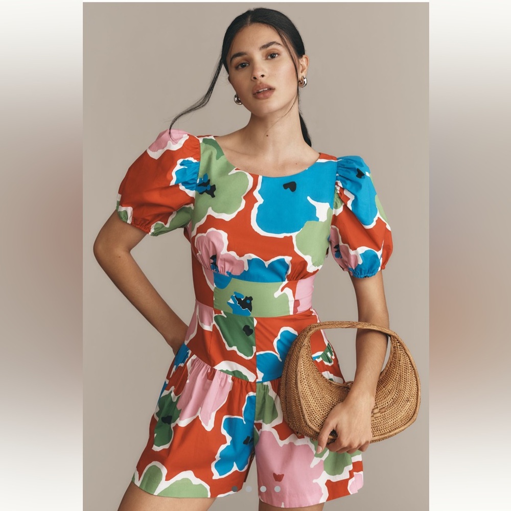 NWT Anthropologie PLENTY BY TRACY REESE PUFF-SLEEVE ROMPER Red Floral Size M